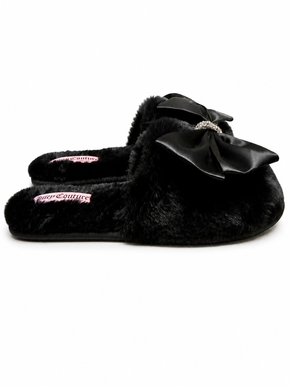 Juicy Couture Black Faux Fur Bow Slide Slippers with Rhinestone Crown - Picture 2 of 3